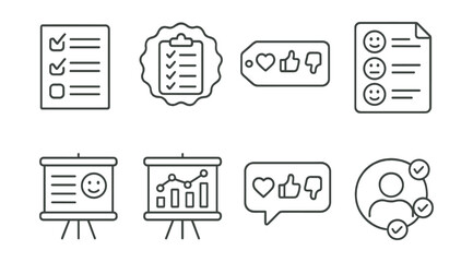 Line style icons of social media engagement tools: poll icon, survey badge, reaction buttons tag, emoji responses file, feedback form board, audience survey chart, interactive post bubble, viewer