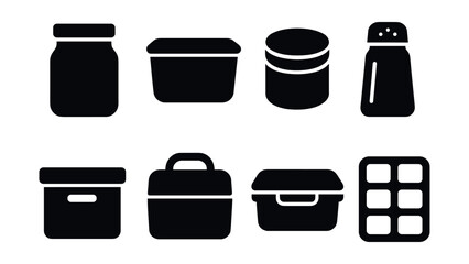 Solid style icons of storage containers: glass jar, plastic container, metal tin, spice jar, storage box, lunchbox, airtight container, freezer tray.