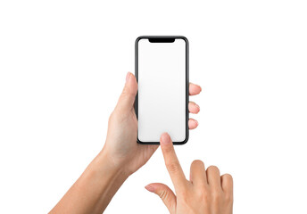 Female hand using blank touchscreen of frameless smartphone, isolated on white background, mockup