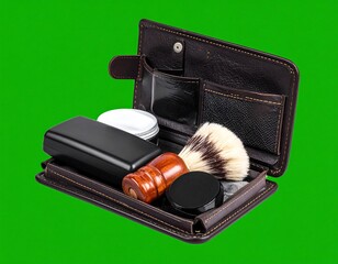 Shaving kit inside dark leather travel case against a green background