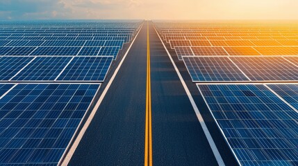 Highway through endless solar panels field showcasing renewable energy under a vibrant sunset sky