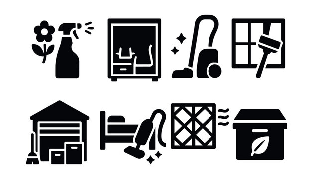 Solid style icons of seasonal deep cleaning: spring cleaning icon, closet refresh, carpet deep clean, window wash, garage tidy-up, under bed clean, vent filter icon, seasonal box.