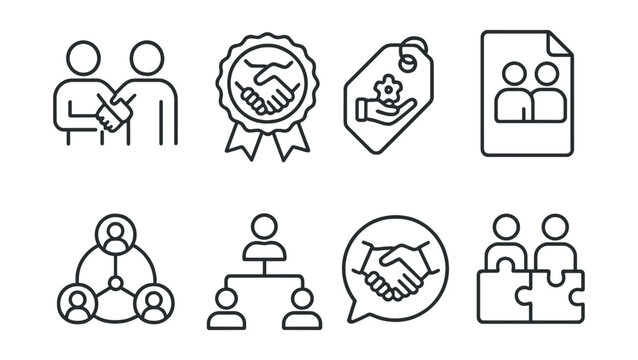 Line style icons of business partnerships: joint venture icon, partnership agreement badge, shared resources tag, collaboration file, partner network board, alliance chart, mutual benefit bubble,