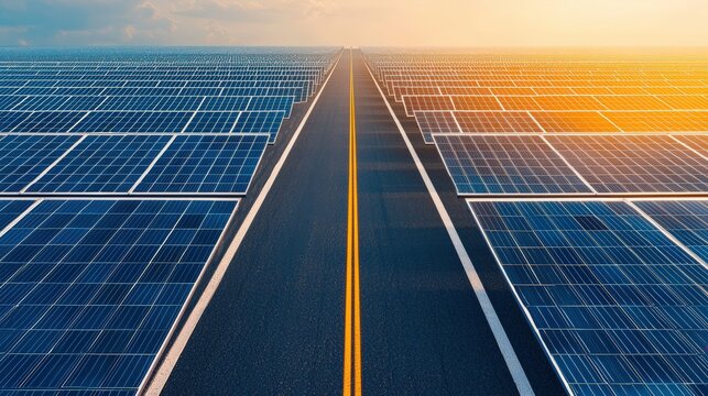 Highway through endless solar panels field showcasing renewable energy under a vibrant sunset sky