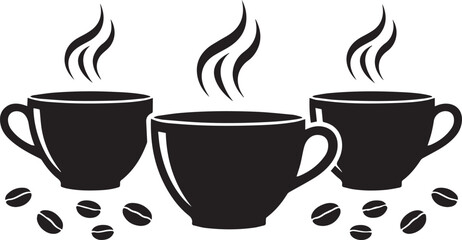 Three steaming cups of coffee with scattered coffee beans illustration
