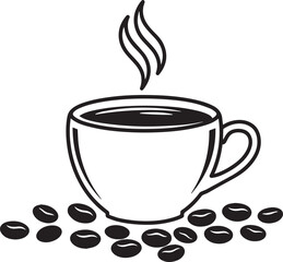 A steaming cup of coffee with coffee beans illustration graphic design