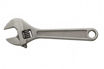 Chrome adjustable wrench lying on transparent surface, showcasing precision tool for mechanical, construction, and repair applications