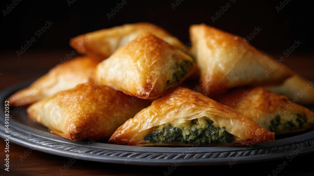 Poster plate of freshly baked samosas. the samosa are golden brown in color and have a flaky texture. they 
