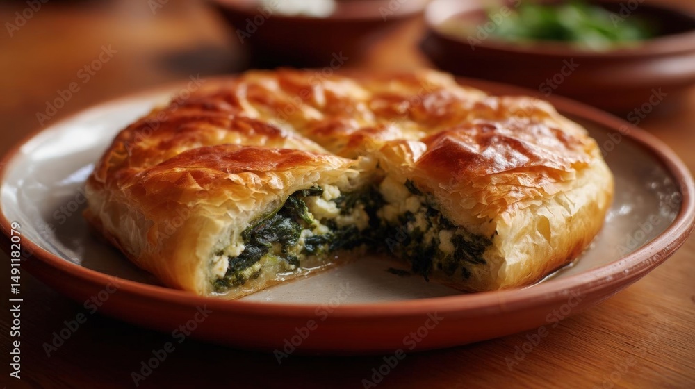 Aufkleber plate with a slice of spinach and feta pie on it. the pie is golden brown and has a flaky crust. it 