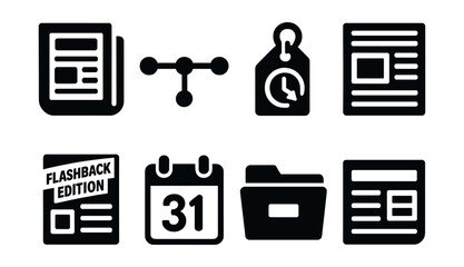 Solid style icons of news archive and history: old newspaper, timeline icon, past event tag, historic headline, flashback edition, year-in-review, archive folder, classic report icon.