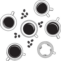 Six steaming cups of coffee arranged together with coffee beans scattered around