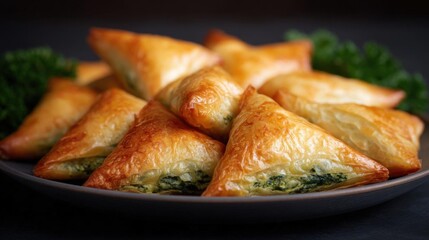 Plate of freshly baked pastries. the pastries are golden brown in color and have a flaky texture. they are arranged in a circular pattern on the plate, with some overlapping each other.