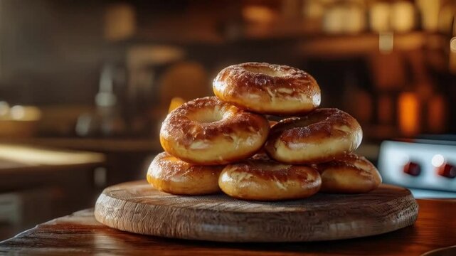 Freshly baked donuts stacked on a wooden board