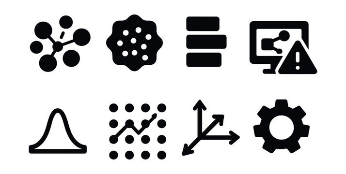 Solid style icons of unsupervised ML models: k-means cluster, DBSCAN badge, PCA layers, anomaly detector icon, density estimation, pattern finder, dimensionality icon, unsupervised label.