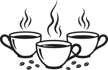 Three steaming cups of coffee with coffee beans scattered around