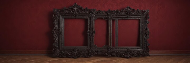 Black ornate frame on burgundy damask backdrop ,  deep,  leaf