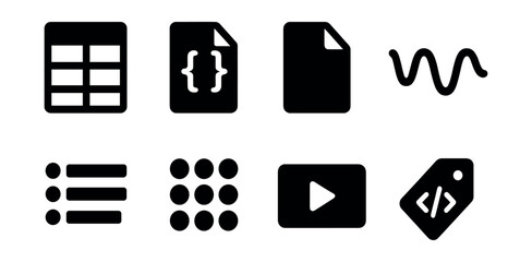 Solid style icons of data types in big data: structured data table, semi-structured JSON, unstructured file icon, streaming data wave, transactional row, binary blob, multimedia input, data format