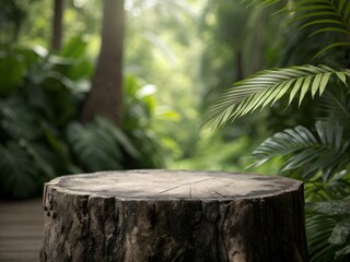 Naklejka premium tree stump, product display, tropical forest, jungle, green leaves, nature background, wood texture, natural setting, display stand, mockup, product photography, advertising, marketing, branding, eco 