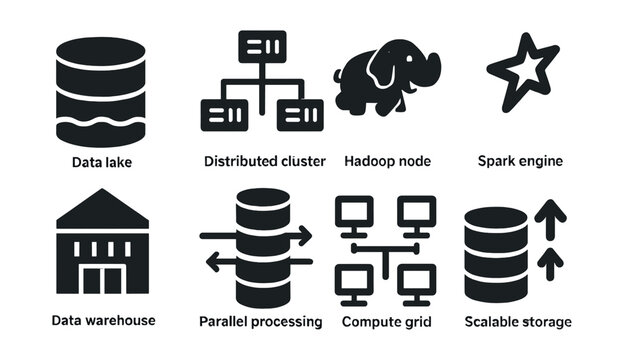 Solid style icons of big data infrastructure: data lake icon, distributed cluster, Hadoop node, Spark engine, data warehouse, parallel processing, compute grid, scalable storage.