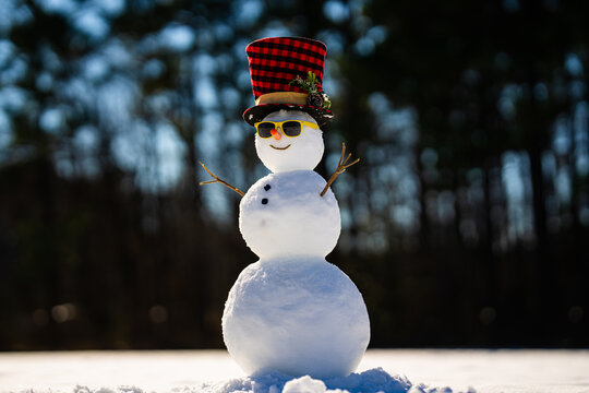 Snowman winter background. Snow holiday scene. Festive snowman with scarf. Snowy landscape design. Happy snow-man with hat. Christmas banner. Frosty snowman. Winter greeting postcard. Funny snowman. - Powered by Adobe
