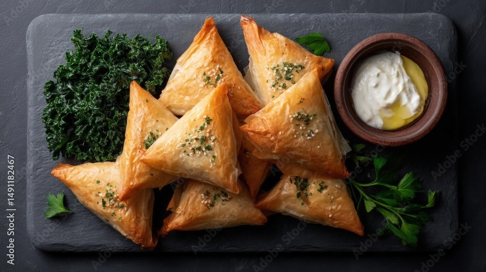 Poster black slate platter with several triangular-shaped samosas arranged in a neat pile. each samosa is g