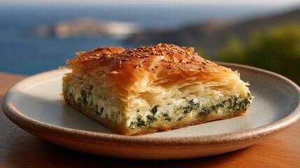 Slice of baklava on a plate with a beautiful view of the ocean in the background. the plate is made of light-colored wood and has a beige rim.