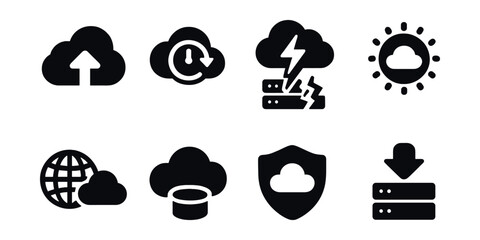 Solid style icons of cloud backup and recovery: backup icon, restore point, disaster recovery, snapshot badge, geo-replication, cold storage, recovery zone, archive tier.