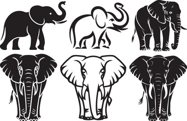 Six stylized elephant illustrations black and white vector graphics