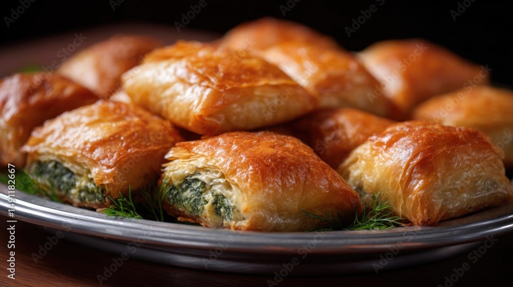 Poster plate of freshly baked pastries. the pastries are golden brown in color and have a flaky texture. th