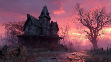 Eerie Sunset Over an Abandoned Mansion with Haunting Atmosphere and Spooky Trees