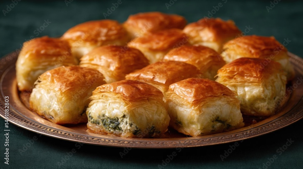 Aufkleber plate of freshly baked phyllo rolls. the rolls are golden brown in color and have a flaky texture. t