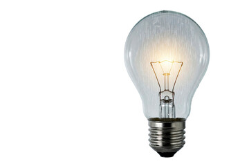 Obraz premium A light bulb with a bright warm glow on a white background. Space for text.