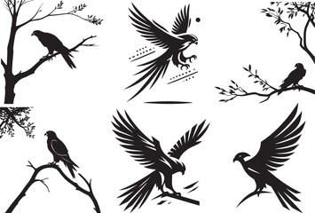 Three elegant black and white falcon silhouettes perched on branches