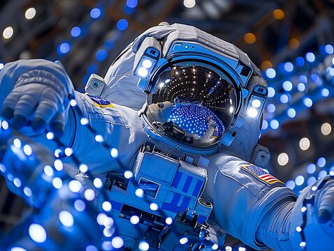 Astronaut in space suit amidst glowing lights