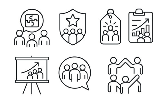 Line style icons of team coaching: group collaboration icon, team goal badge, collective success tag, team-building file, group development board, team performance chart, collaborative effort bubble,