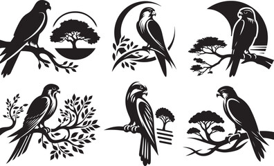 Three elegant black and white falcon silhouettes perched on branches