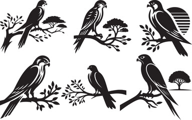 Three elegant black and white falcon silhouettes perched on branches