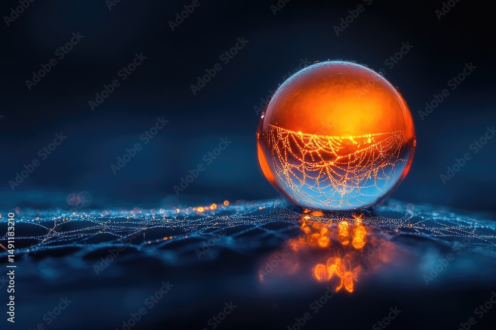 Wall mural a dew-covered orb reflects a spiderweb, illuminated with warm light, creating a mesmerizing macro ph