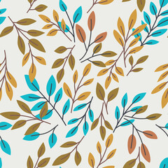 Seamless pattern with blue, yellow and orange tones leaves on white background, abstract botanical colorful texture, wallpaper, print
