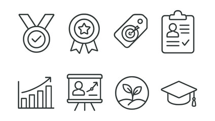 Line style icons of learning progress: achievement icon, progress badge, learning goal tag, study session file, milestone chart, personal development board, skill growth bubble, academic success