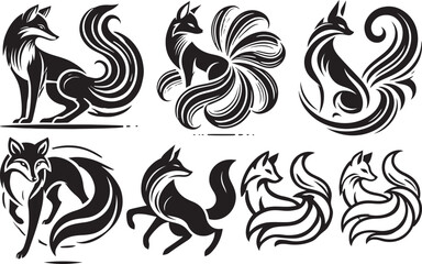 Fototapeta premium Collection of eight stylized black fox designs with elaborate tails perfect for logos branding and tattoos