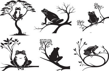 Six silhouettes of frogs perched on branches of various trees