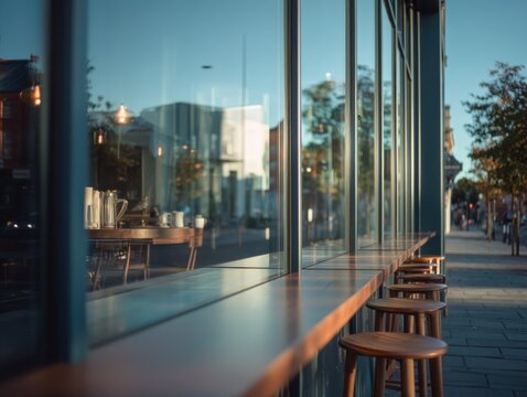 Row of Wooden Stools Along Cafe Window at Sunset, Representing Urban Lifestyle and Community Gathering Place for Relaxation and Social Connection : Generative AI