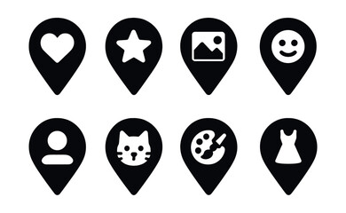Solid style icons of custom pins: heart pin, star pin, photo icon pin, emoji pin, custom user pin, pet location icon, hobby pin, style variant pin.