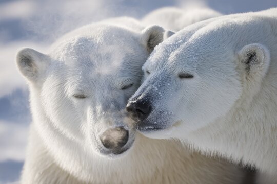 Two Polar Bears Nuzzling in the Arctic, Representing Wildlife Conservation and Environmental Awareness, Showing Affection and Tenderness : Generative AI