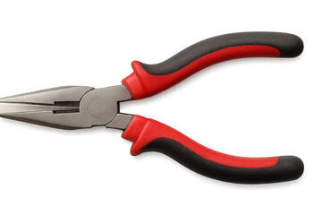Close-up of needle nose pliers with red and black handles, isolated on a transparent background