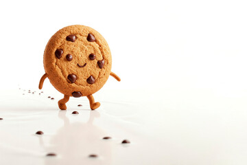 Funny cookies on chocolate legs follow the tracks. Space for text.