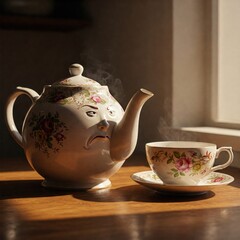 The teapot looks sadly at the cup of tea with his face.