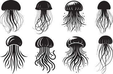 Collection of eight stylized black jellyfish illustrations isolated on white background