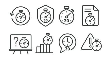 Line style icons of quiz timers: countdown icon, timer badge, stopwatch tag, time limit file, ticking clock board, quiz duration chart, timer alert bubble, time pressure symbol.
